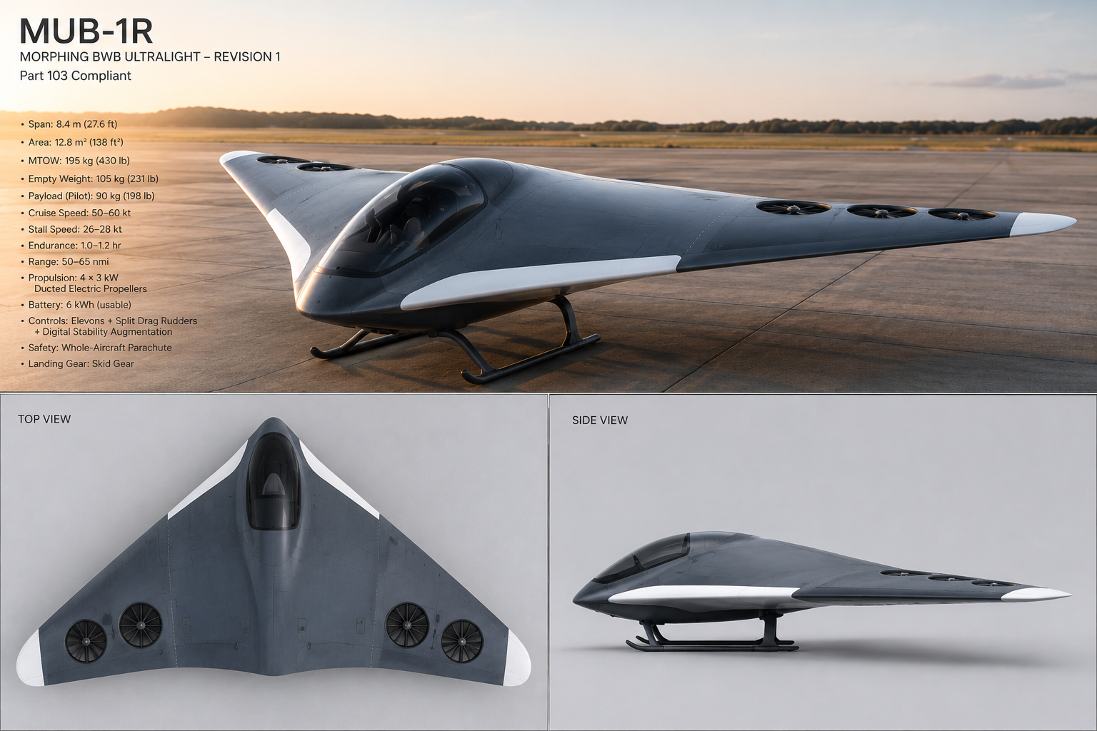 MUB-1R blended wing body electric ultralight aircraft render